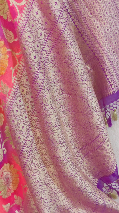 Baby pink Rangkat Pure Khaddi Georgette handloom Meenakari Banarasi saree with tested Gold zari weaving - My Store