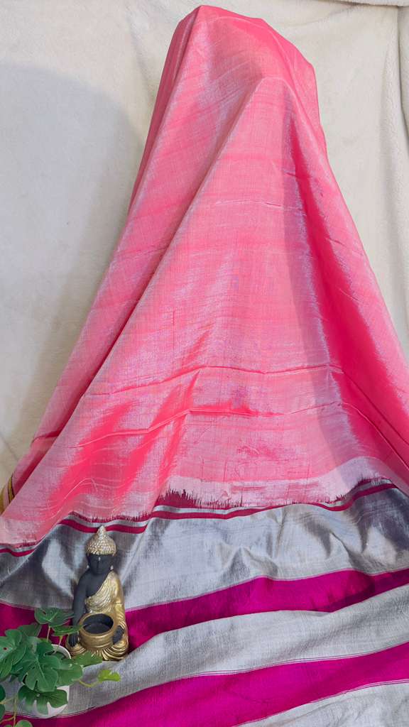 Baby pink with Grey / pink border pure SICO Ilkal Handloom Saree - My Store