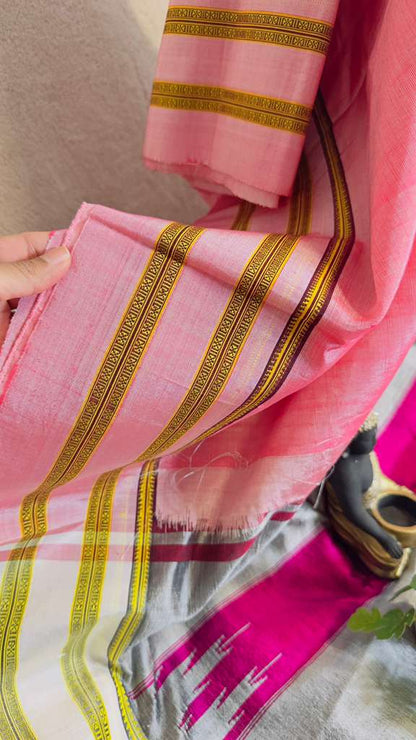 Baby pink with Grey / pink border pure SICO Ilkal Handloom Saree - My Store