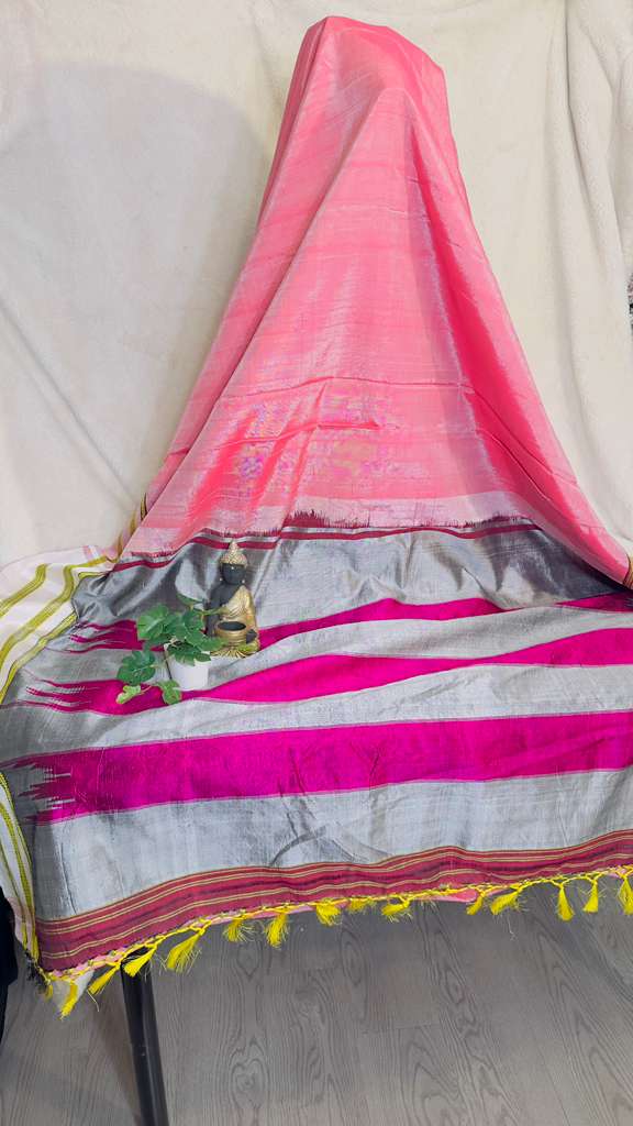 Baby pink with Grey / pink border pure SICO Ilkal Handloom Saree - My Store