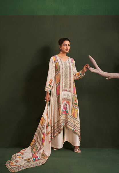Beige Designer pure Crape silk palazzo suit with Radha Krishna digital print highlighted with stone & Coin work - My Store
