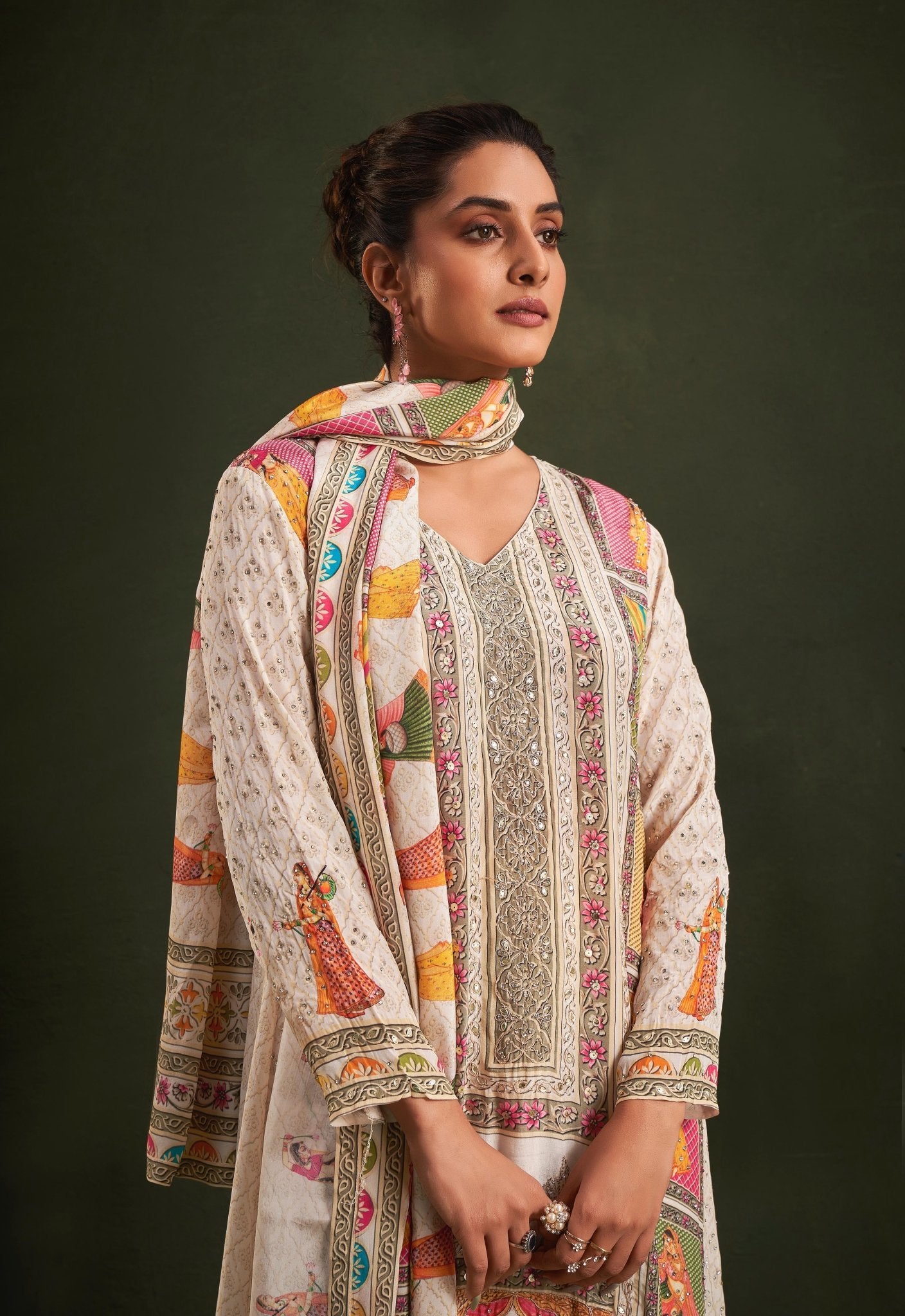 Beige Designer pure Crape silk palazzo suit with Radha Krishna digital print highlighted with stone & Coin work - My Store