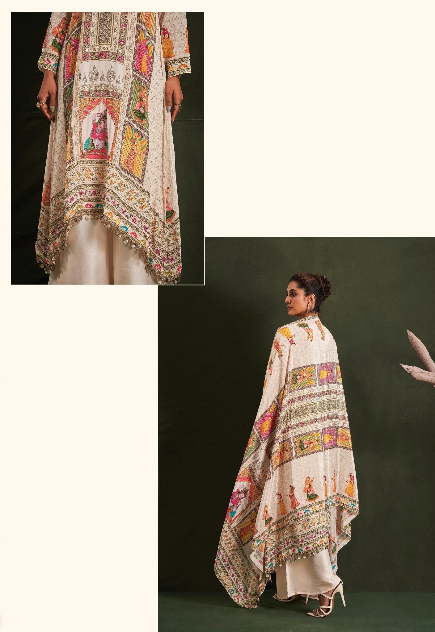 Beige Designer pure Crape silk palazzo suit with Radha Krishna digital print highlighted with stone & Coin work - My Store