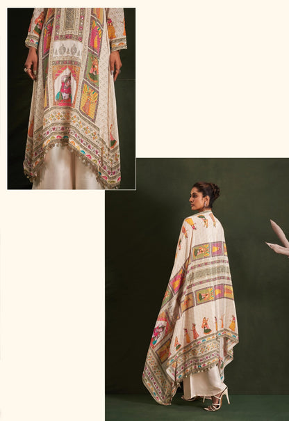 Beige Designer pure Crape silk palazzo suit with Radha Krishna digital print highlighted with stone & Coin work - My Store