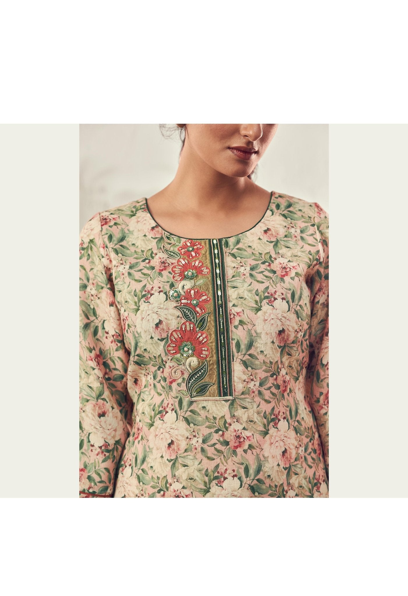 Beige floral kurta set highlighted with pearl, Cutdana & sequins handwork - My Store