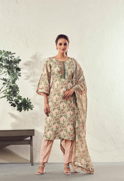 Beige floral kurta set highlighted with pearl, Cutdana & sequins handwork - My Store