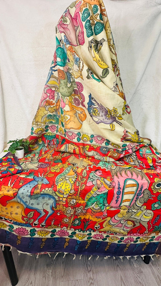 Beige pure Bangalore silk hand drawn hand painted Pen Kalamkari Saree - My Store