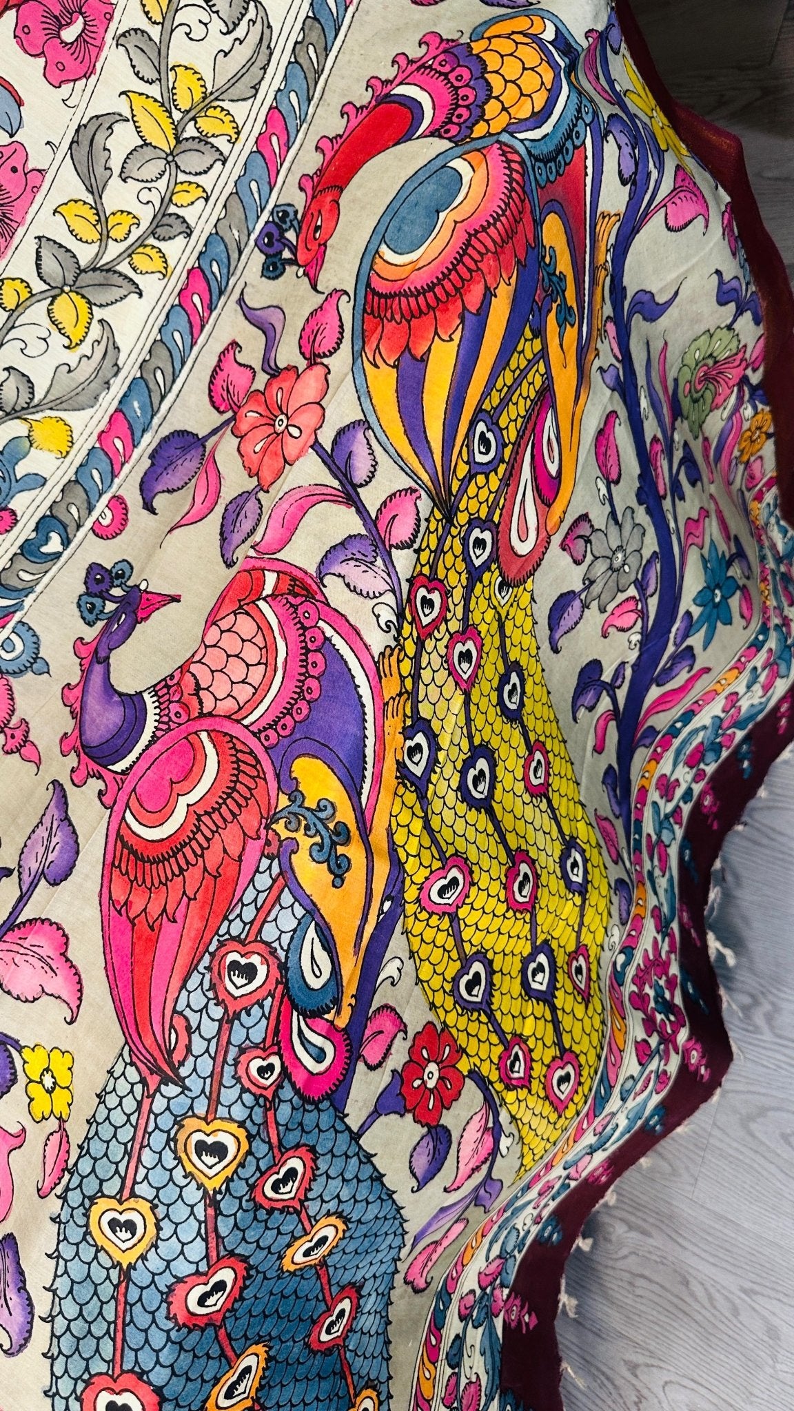 Beige pure Bangalore silk hand drawn - hand painted Pen Kalamkari Saree - My Store