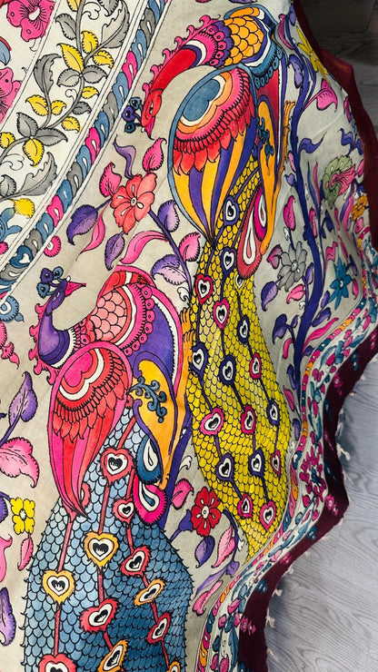 Beige pure Bangalore silk hand drawn - hand painted Pen Kalamkari Saree - My Store