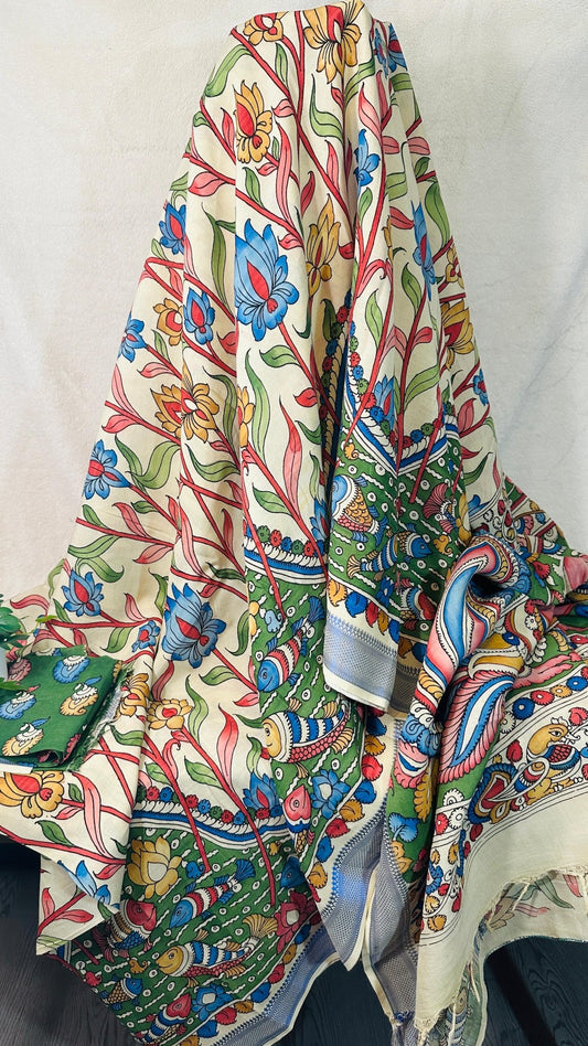 Beige pure Bangalore silk hand drawn - hand painted Pen Kalamkari Saree - My Store