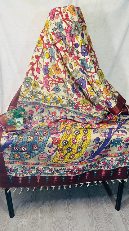 Beige pure Bangalore silk hand drawn - hand painted Pen Kalamkari Saree - My Store