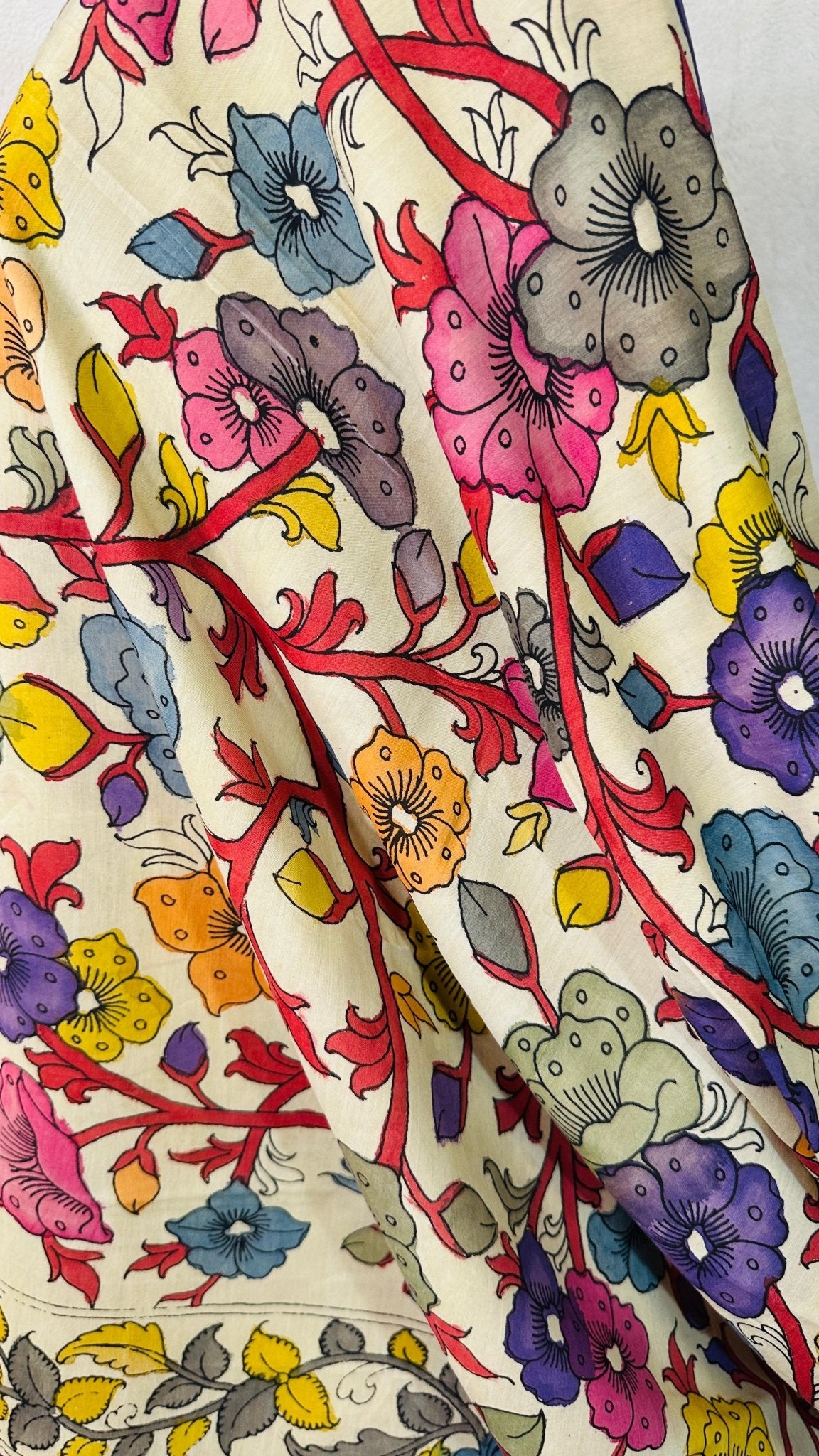 Beige pure Bangalore silk hand drawn - hand painted Pen Kalamkari Saree - My Store