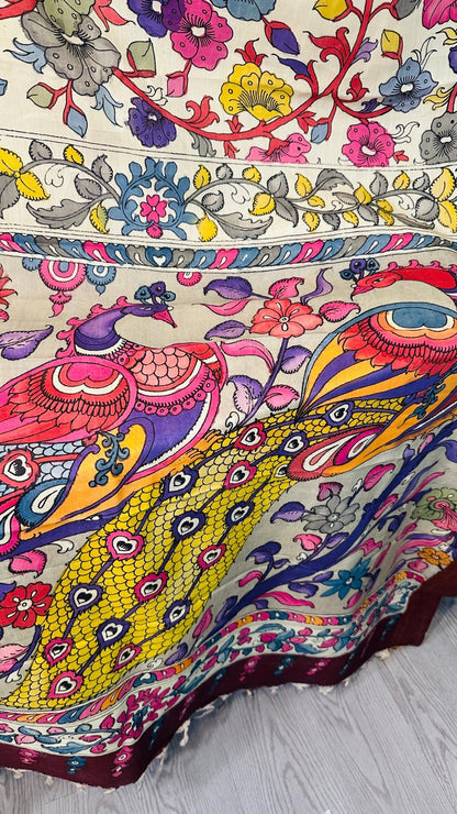 Beige pure Bangalore silk hand drawn - hand painted Pen Kalamkari Saree - My Store