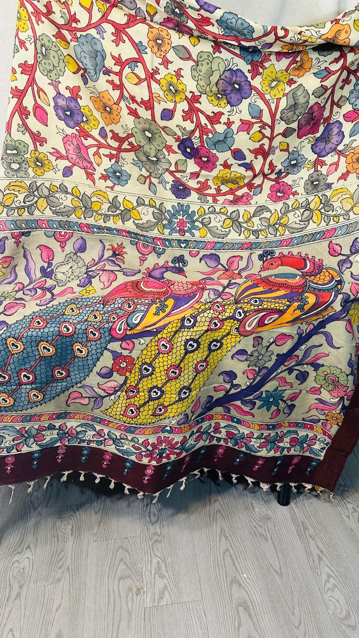 Beige pure Bangalore silk hand drawn - hand painted Pen Kalamkari Saree - My Store