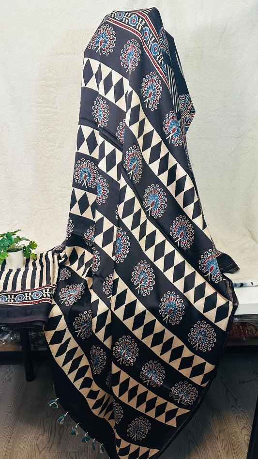 Black Ajrakh natural dye Hand block print pure Modal silk saree - My Store