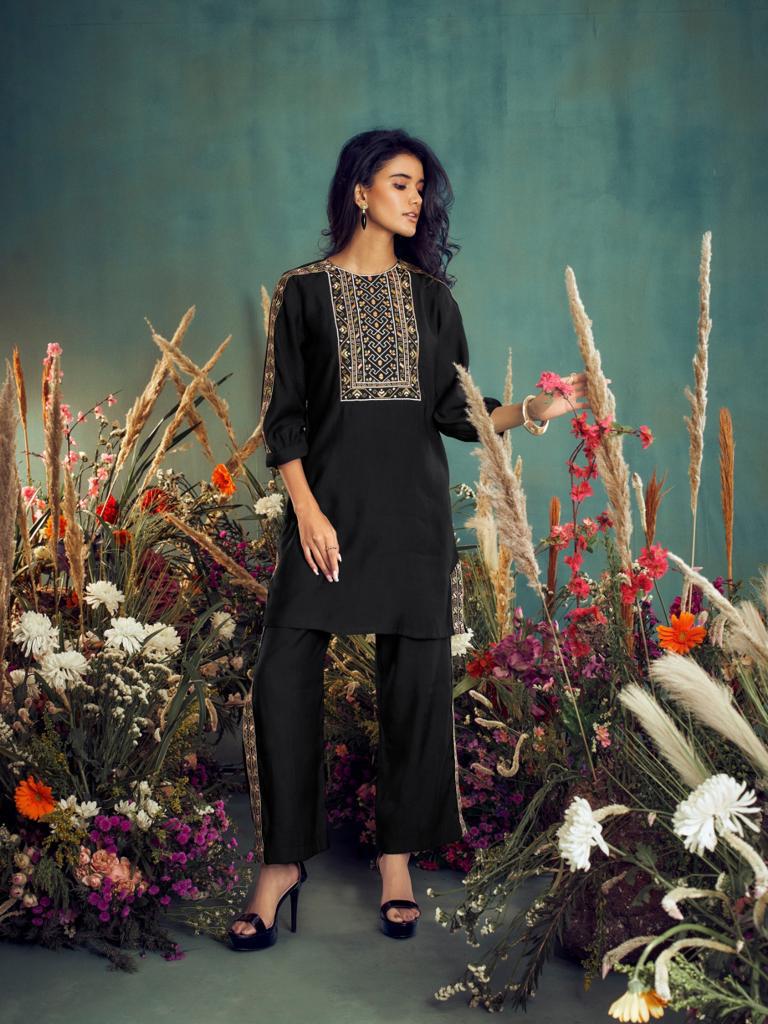 Black Cord set highlighted with cream thread work - My Store