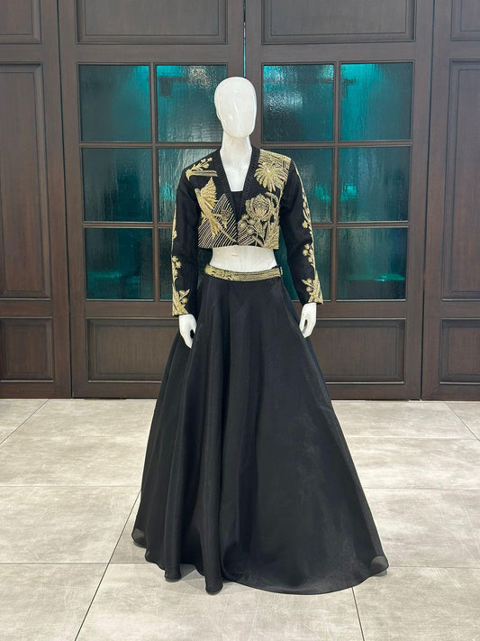 Black designer Lehenga highlighted with all handwork Zardosi, Cutdana - My Store