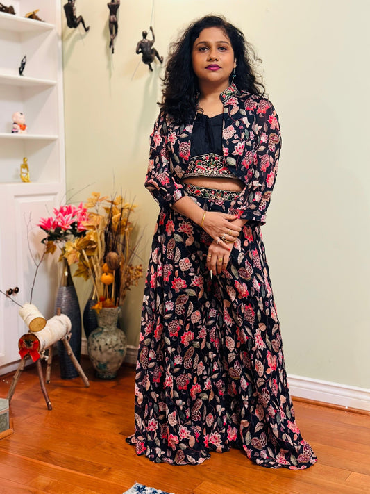 Black digital print pure CHINON silk Indowestern palazzo set highlighted with pearl, Cutdana & sequins handwork - My Store