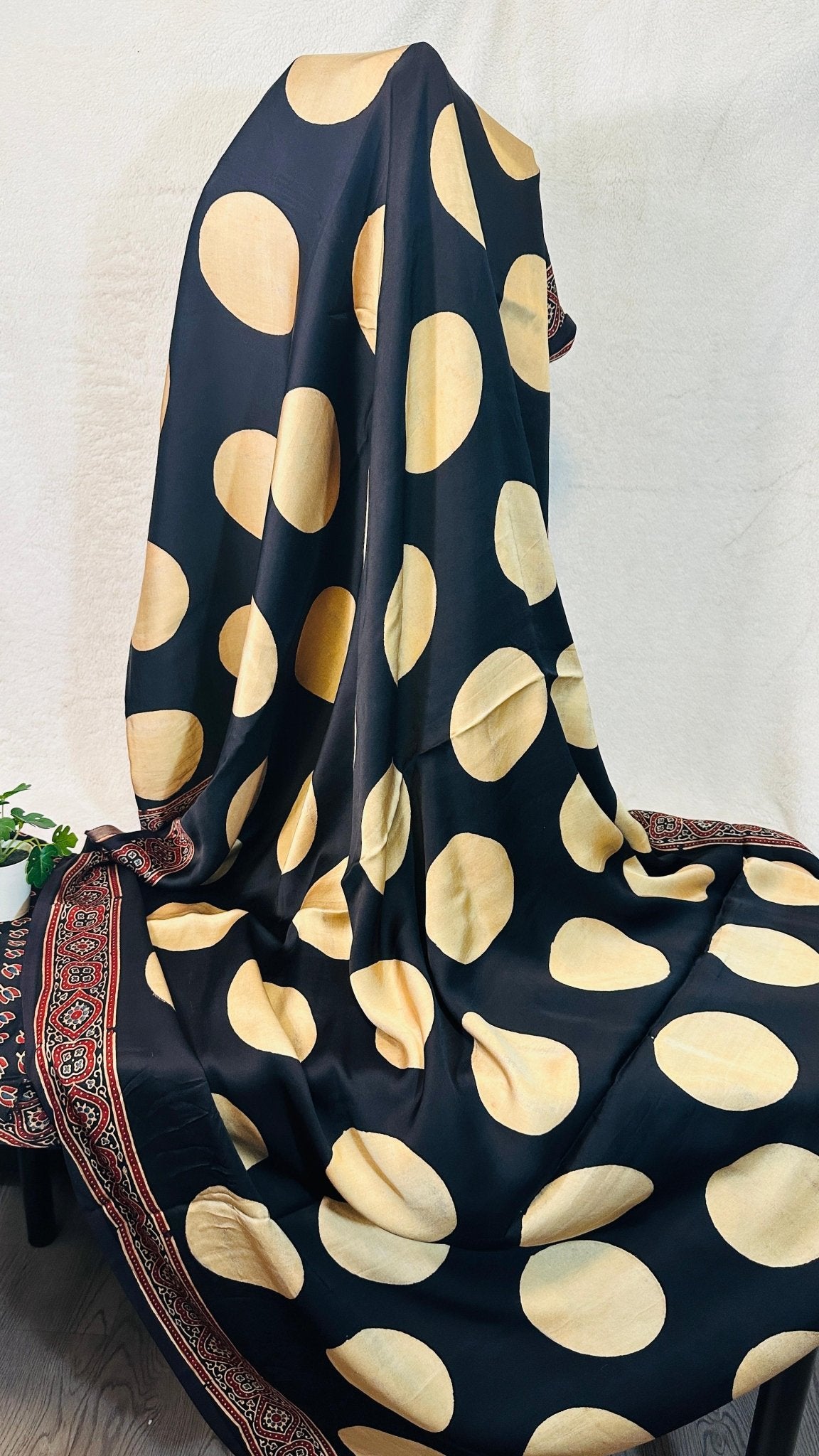Black Polka Dot Ajrakh natural dye Hand block print pure Modal silk saree - My Store