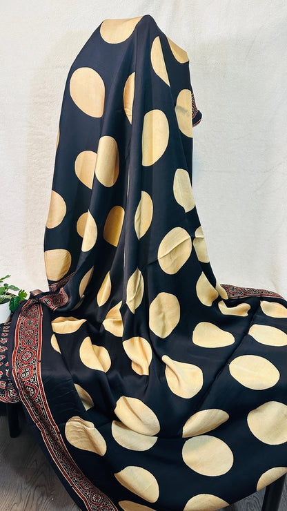 Black Polka Dot Ajrakh natural dye Hand block print pure Modal silk saree - My Store