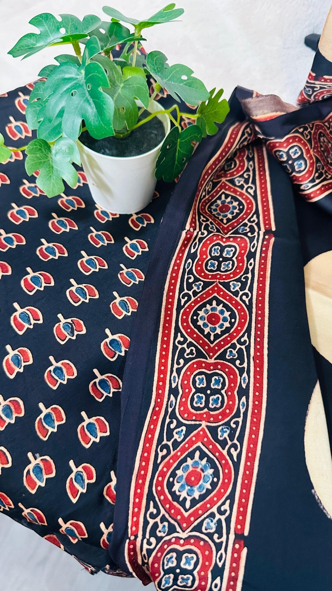 Black Polka Dot Ajrakh natural dye Hand block print pure Modal silk saree - My Store