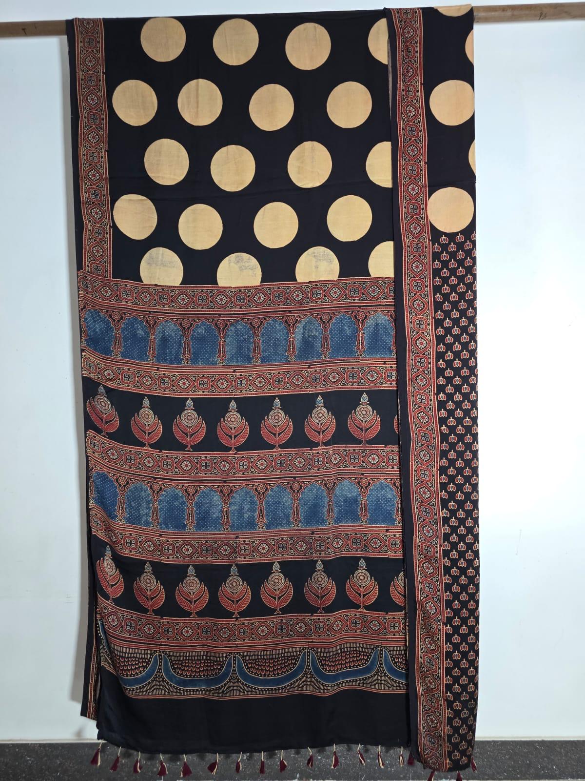 Black Polka Dot Ajrakh natural dye Hand block print pure Modal silk saree - My Store
