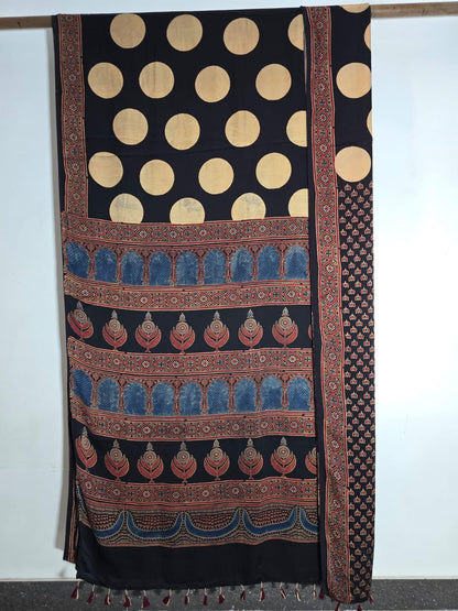 Black Polka Dot Ajrakh natural dye Hand block print pure Modal silk saree - My Store