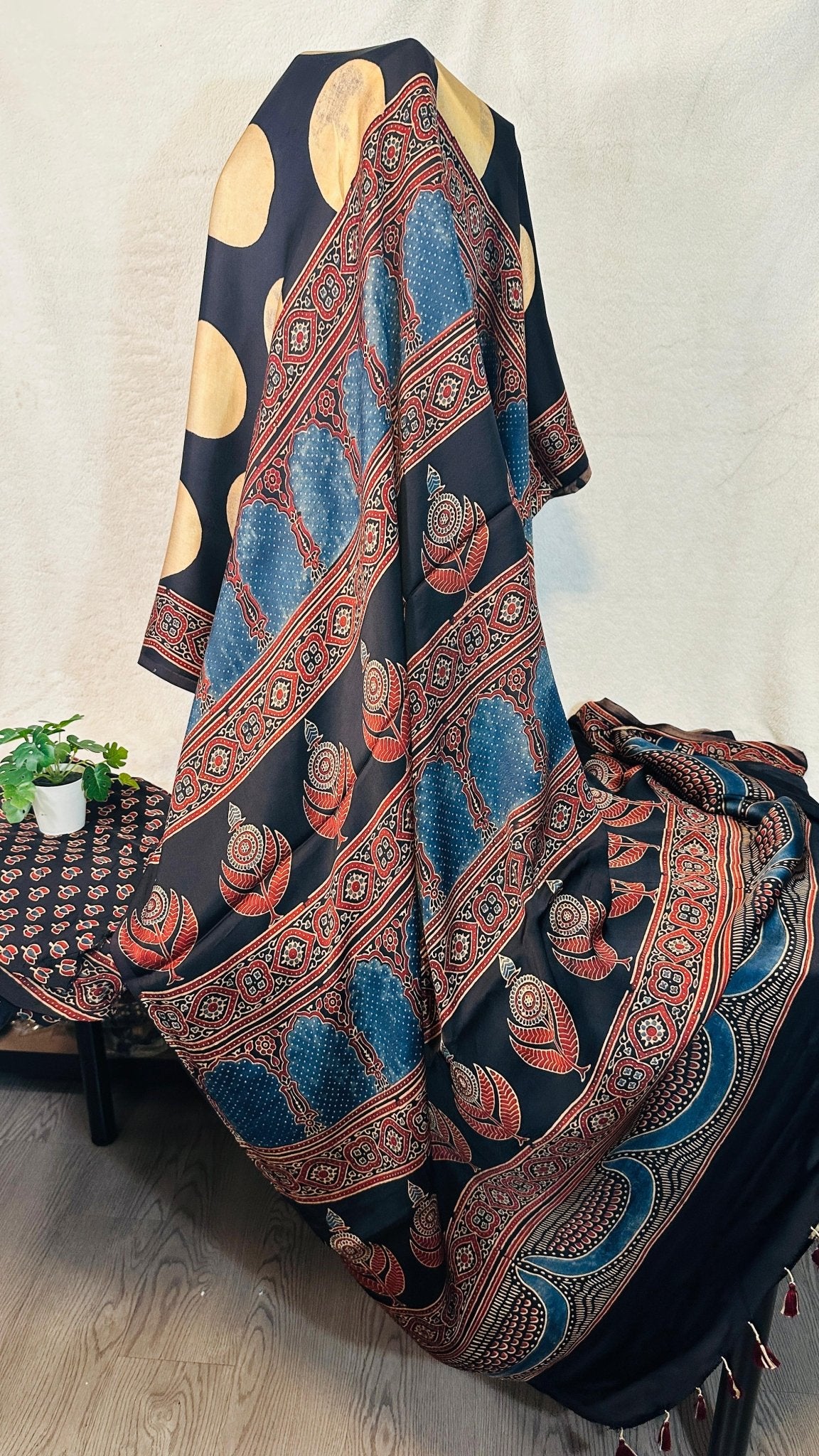 Black Polka Dot Ajrakh natural dye Hand block print pure Modal silk saree - My Store