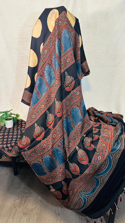 Black Polka Dot Ajrakh natural dye Hand block print pure Modal silk saree - My Store