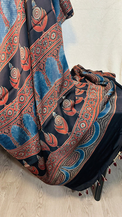 Black Polka Dot Ajrakh natural dye Hand block print pure Modal silk saree - My Store