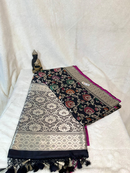 Black Pure Katan by katan tilfi meenakari Jungla Handloom silk saree - My Store