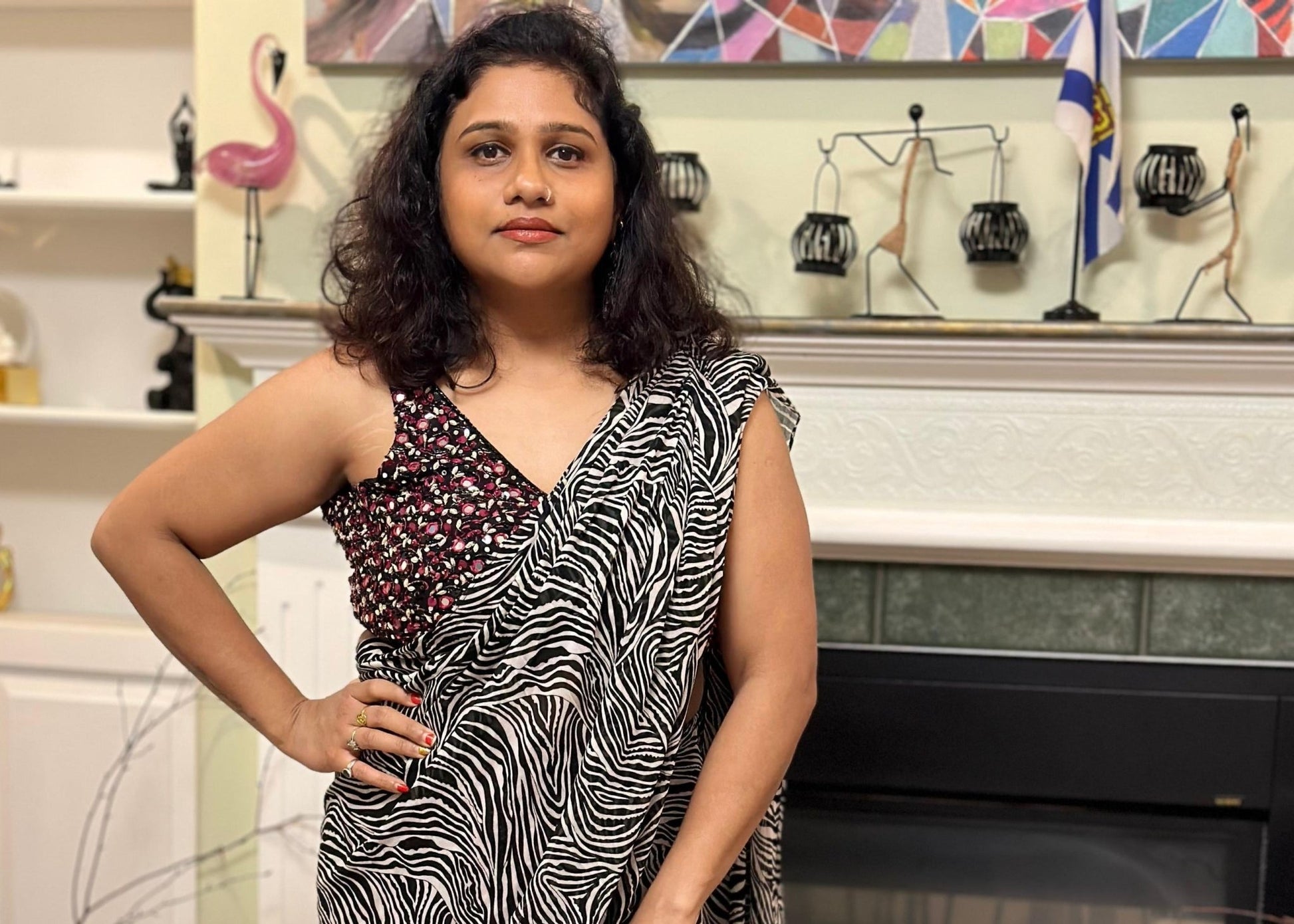 Black & white Zebra pattern designer Pre drape saree highlighted with beautiful tassels and blouse with real mirror, sequins handwork - My Store