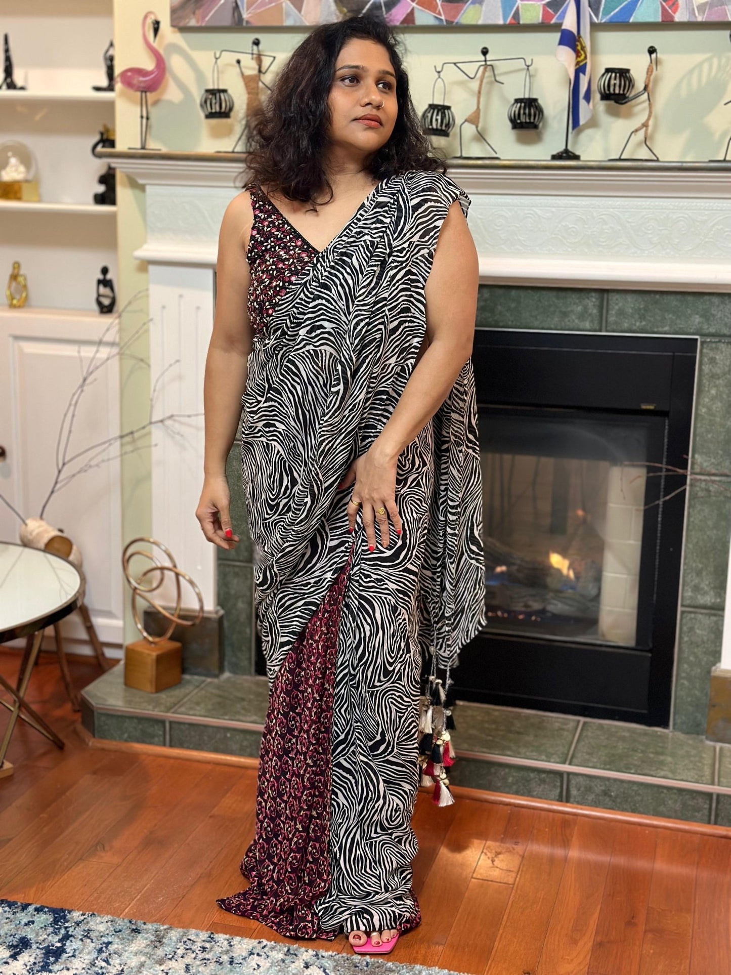 Black & white Zebra pattern designer Pre drape saree highlighted with beautiful tassels and blouse with real mirror, sequins handwork - My Store