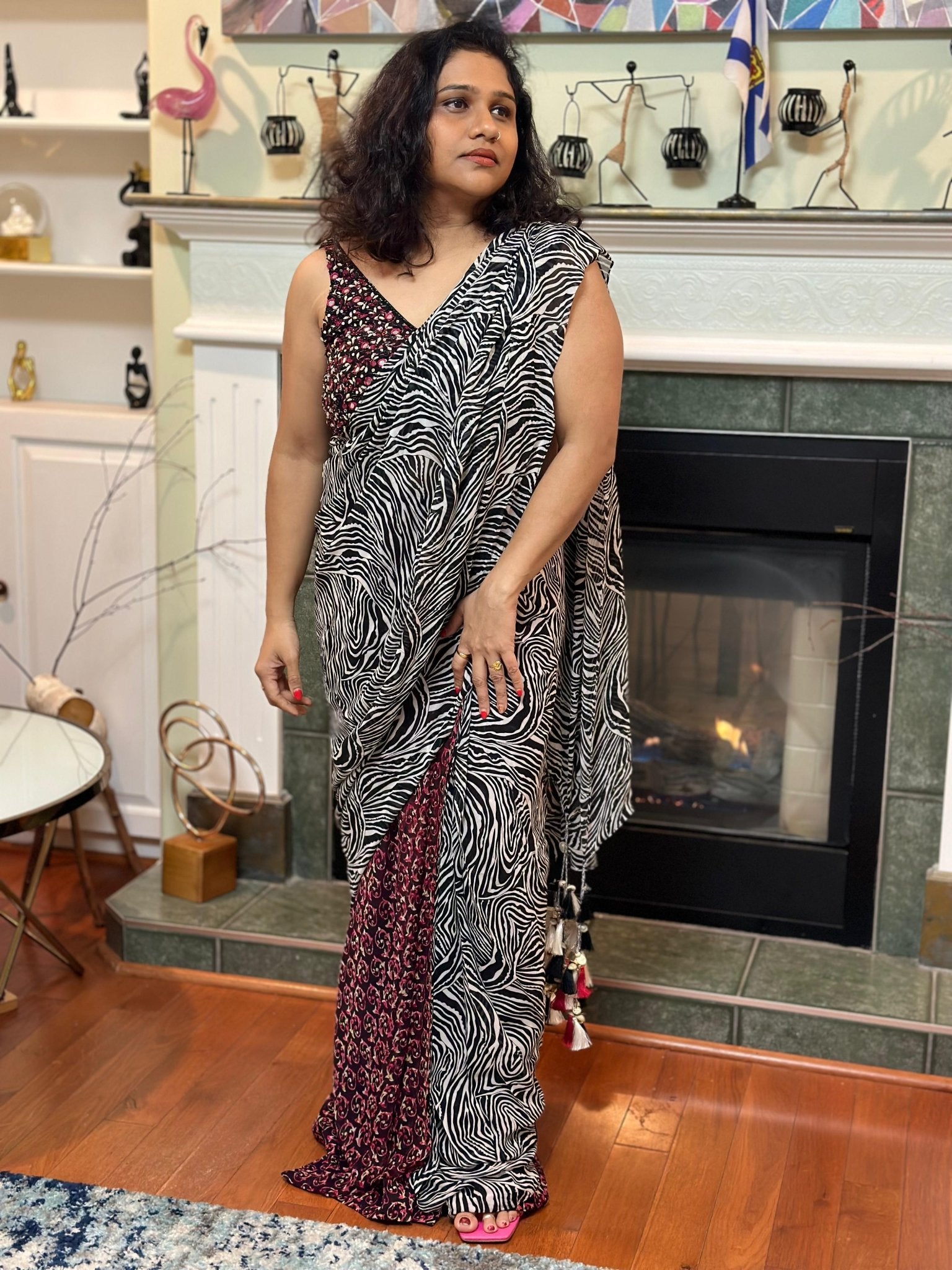 Black & white Zebra pattern designer Pre drape saree highlighted with beautiful tassels and blouse with real mirror, sequins handwork - My Store