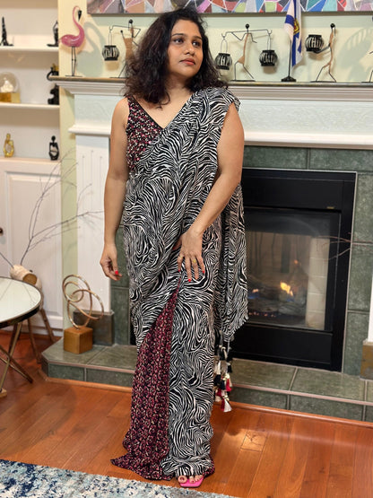 Black & white Zebra pattern designer Pre drape saree highlighted with beautiful tassels and blouse with real mirror, sequins handwork - My Store