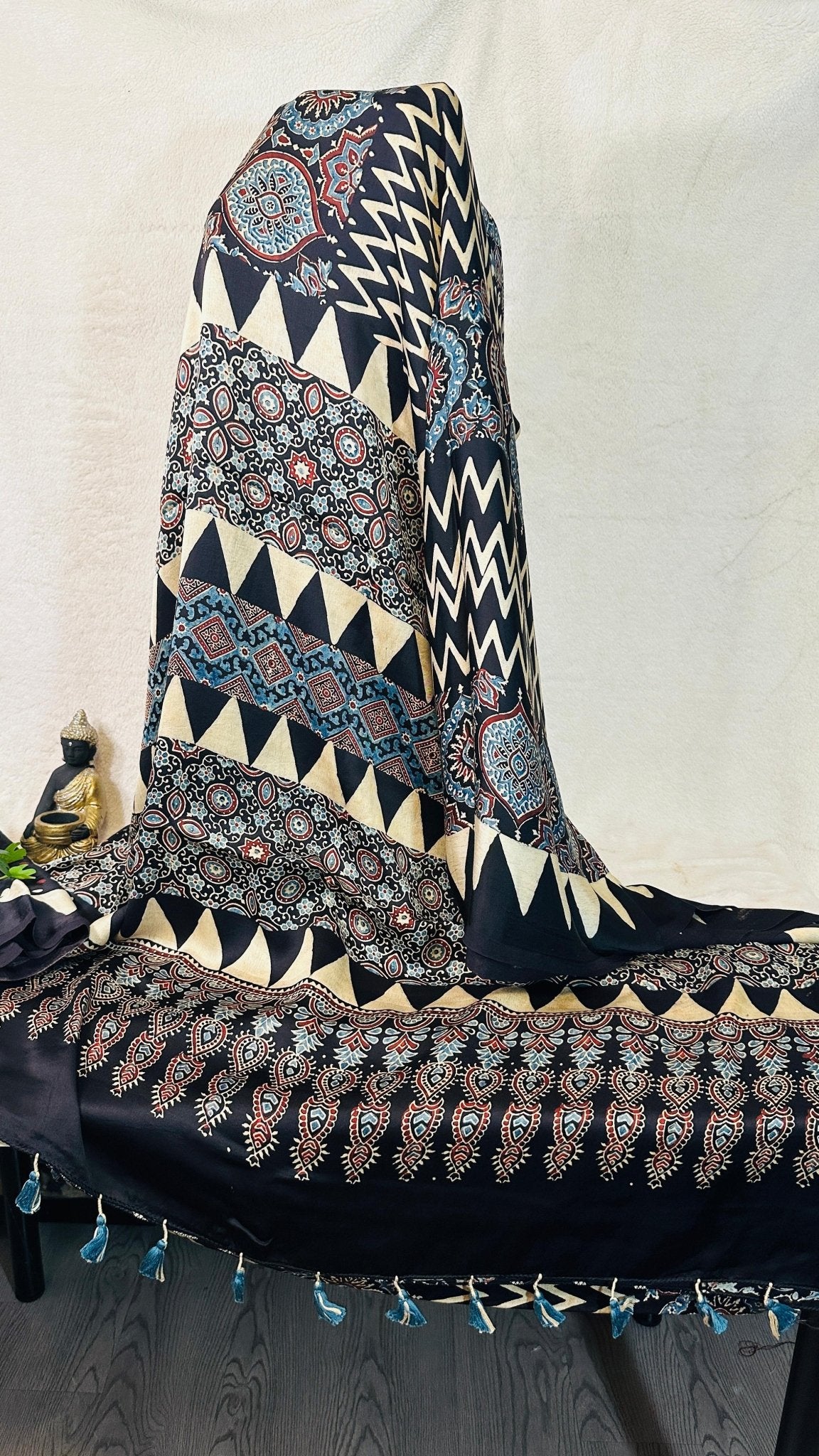 Black with Beige zigzag Ajrakh natural dye Hand block print pure Modal silk saree - My Store