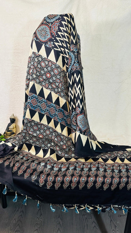 Black with Beige zigzag Ajrakh natural dye Hand block print pure Modal silk saree - My Store