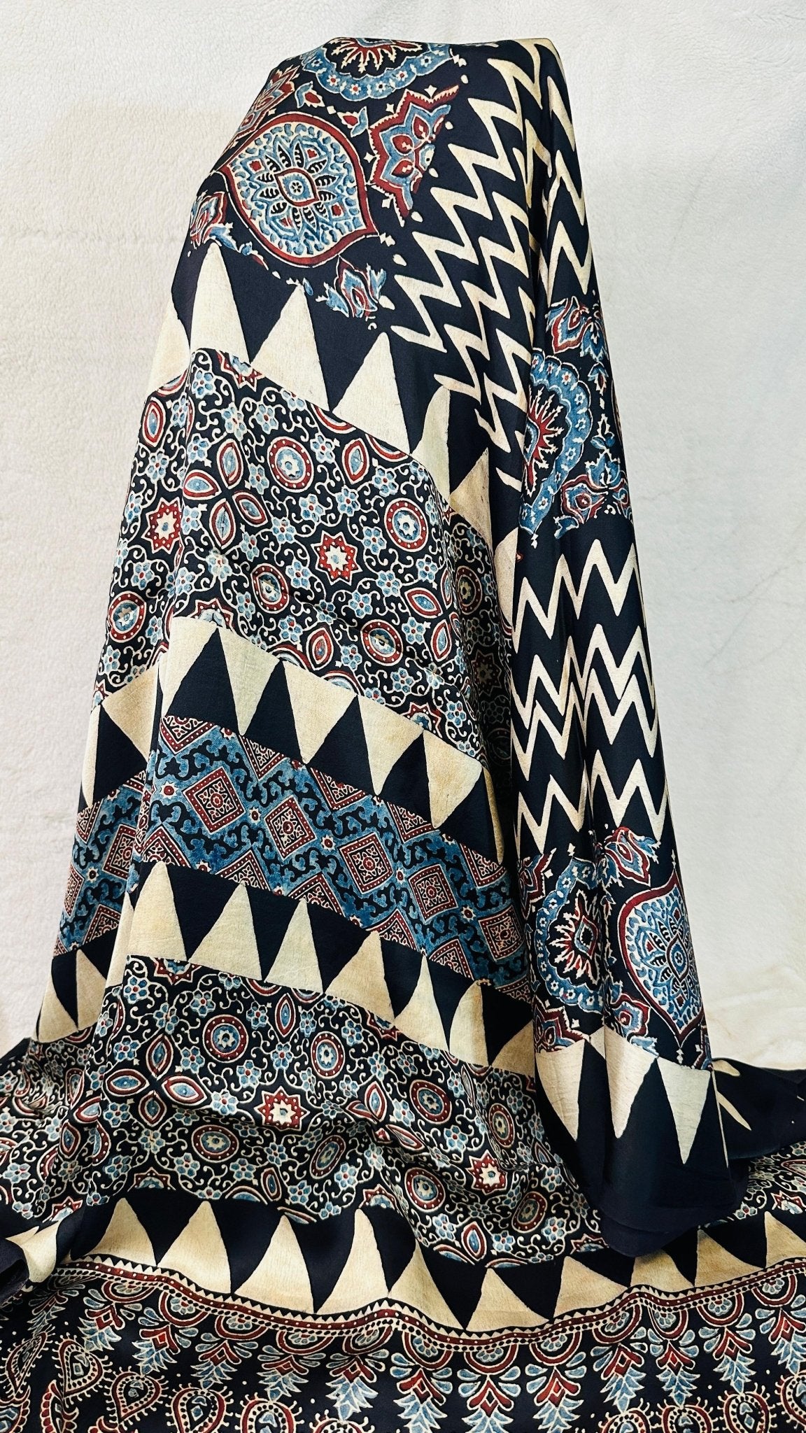 Black with Beige zigzag Ajrakh natural dye Hand block print pure Modal silk saree - My Store