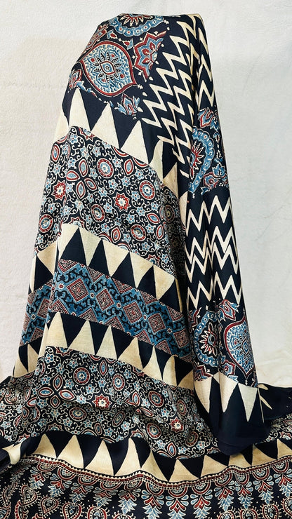 Black with Beige zigzag Ajrakh natural dye Hand block print pure Modal silk saree - My Store