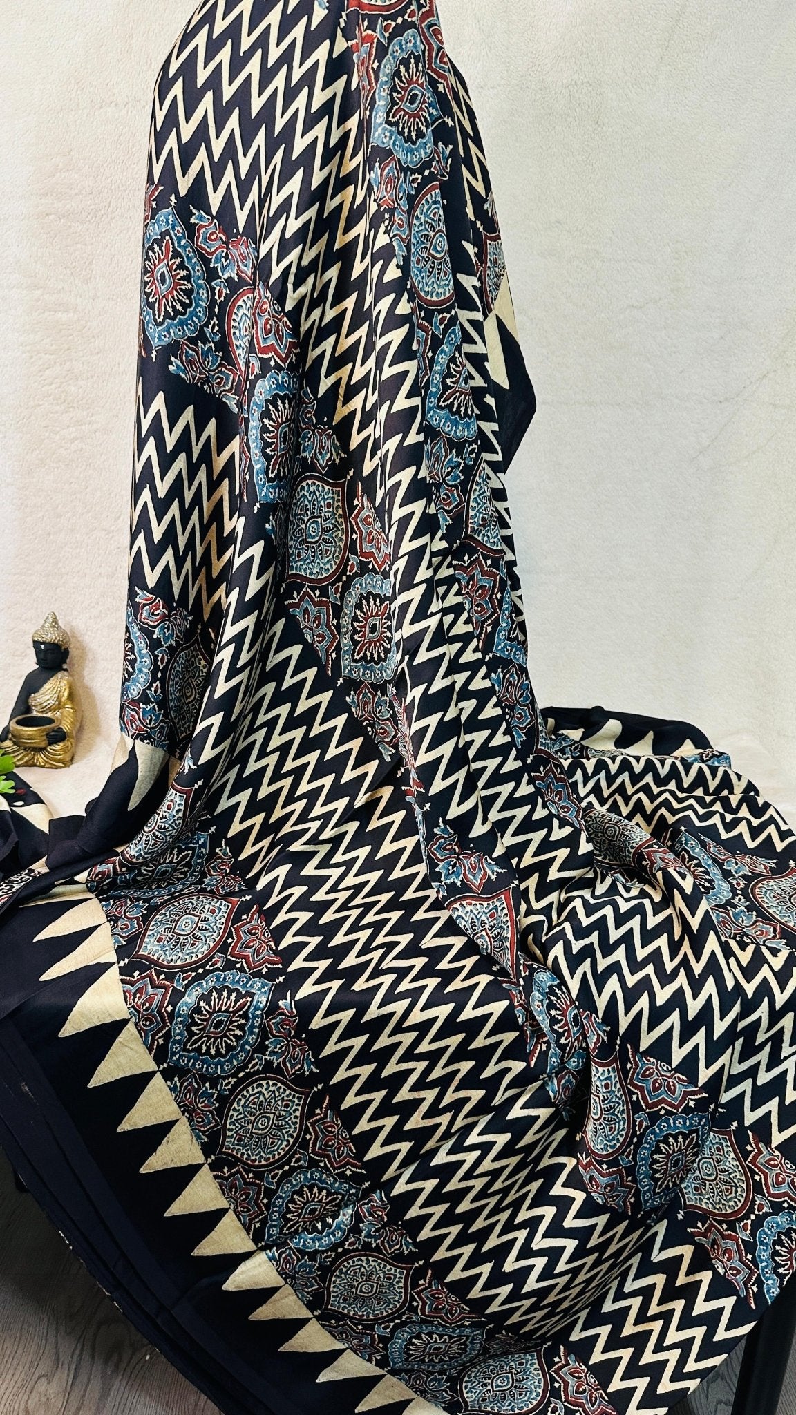 Black with Beige zigzag Ajrakh natural dye Hand block print pure Modal silk saree - My Store