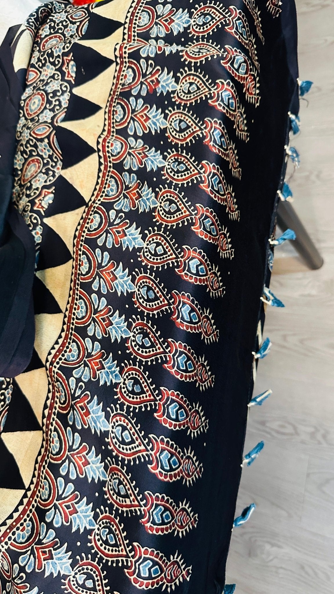 Black with Beige zigzag Ajrakh natural dye Hand block print pure Modal silk saree - My Store