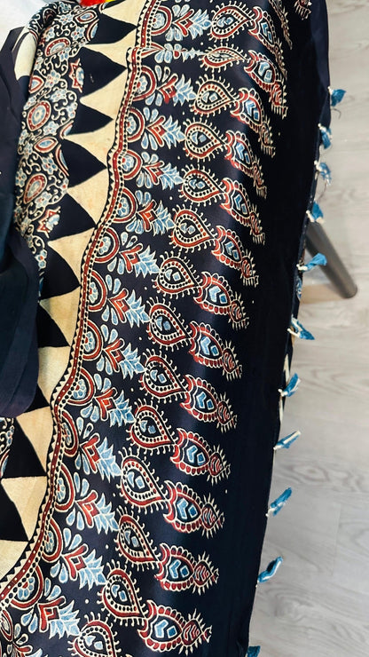 Black with Beige zigzag Ajrakh natural dye Hand block print pure Modal silk saree - My Store