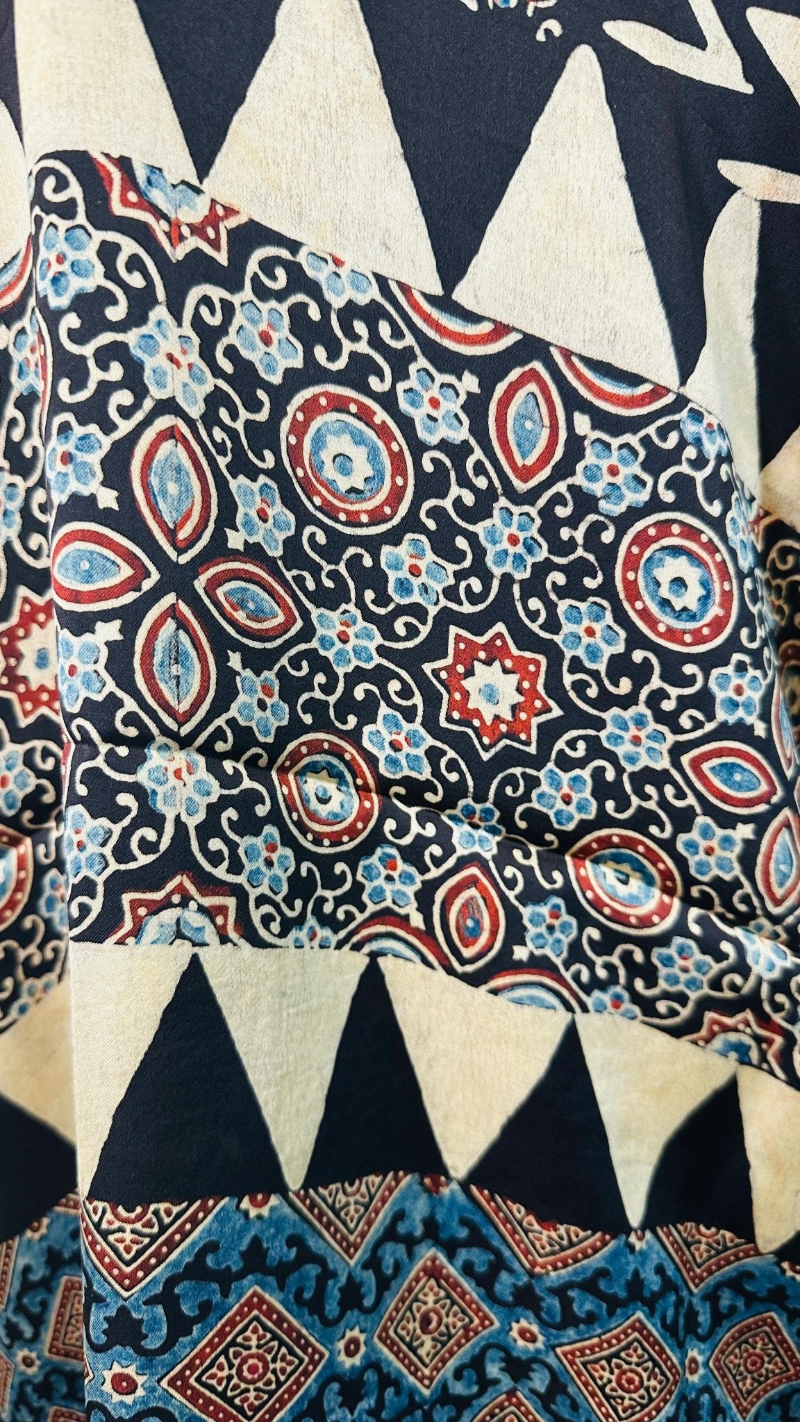 Black with Beige zigzag Ajrakh natural dye Hand block print pure Modal silk saree - My Store