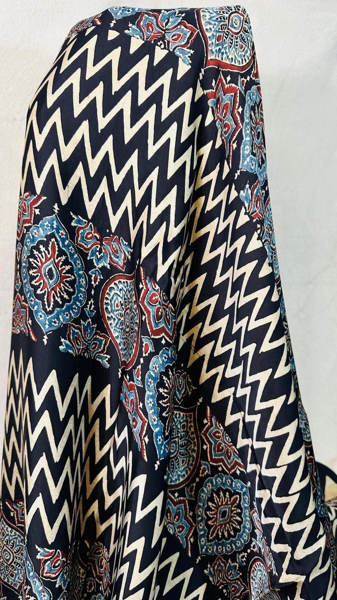 Black with Beige zigzag Ajrakh natural dye Hand block print pure Modal silk saree - My Store