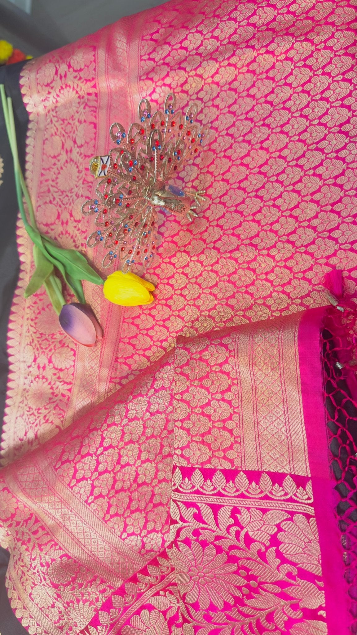 Black with Rani pink Border Pure Katan by katan handloom silk Banarasi saree - My Store