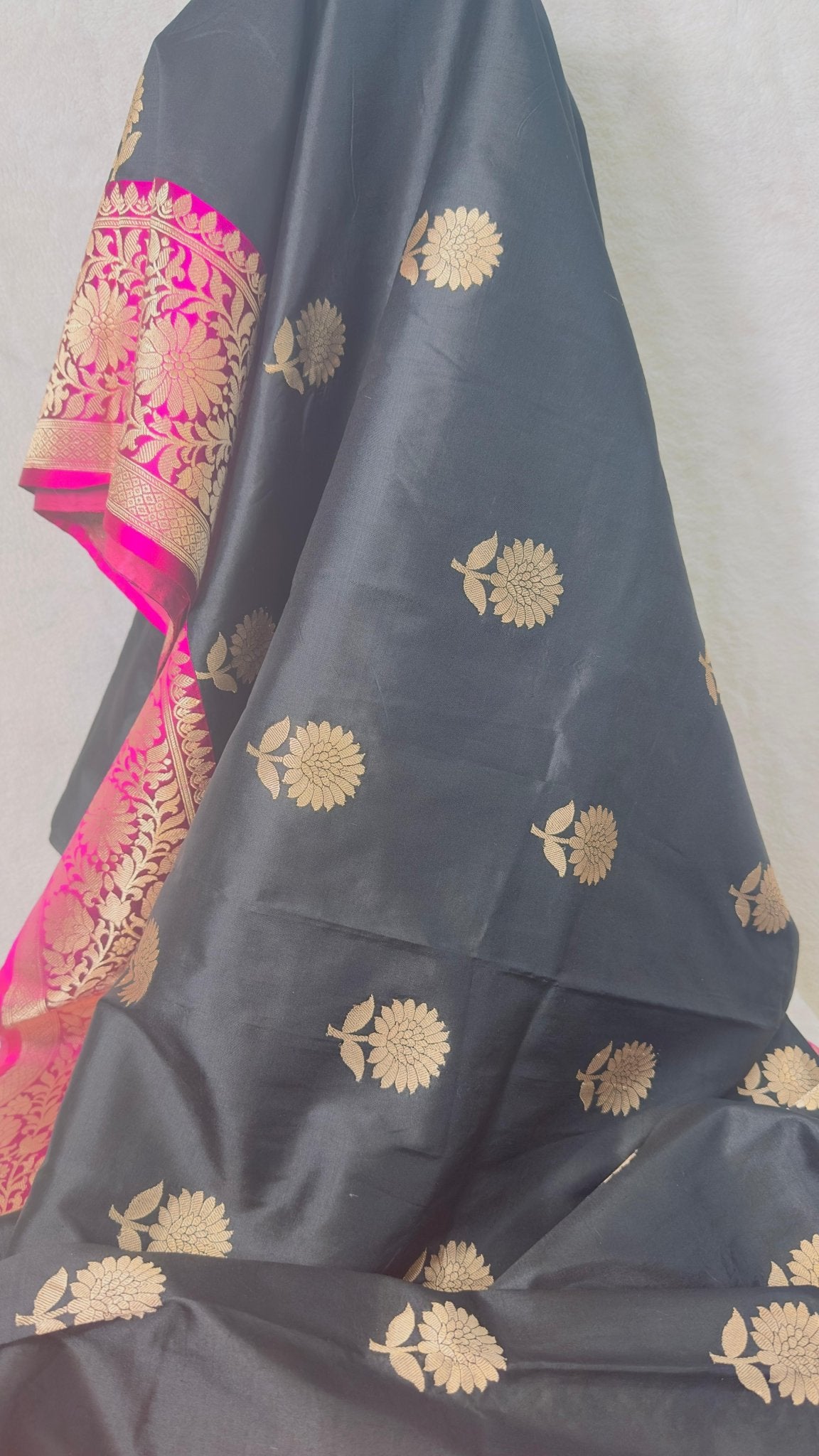 Black with Rani pink Border Pure Katan by katan handloom silk Banarasi saree - My Store