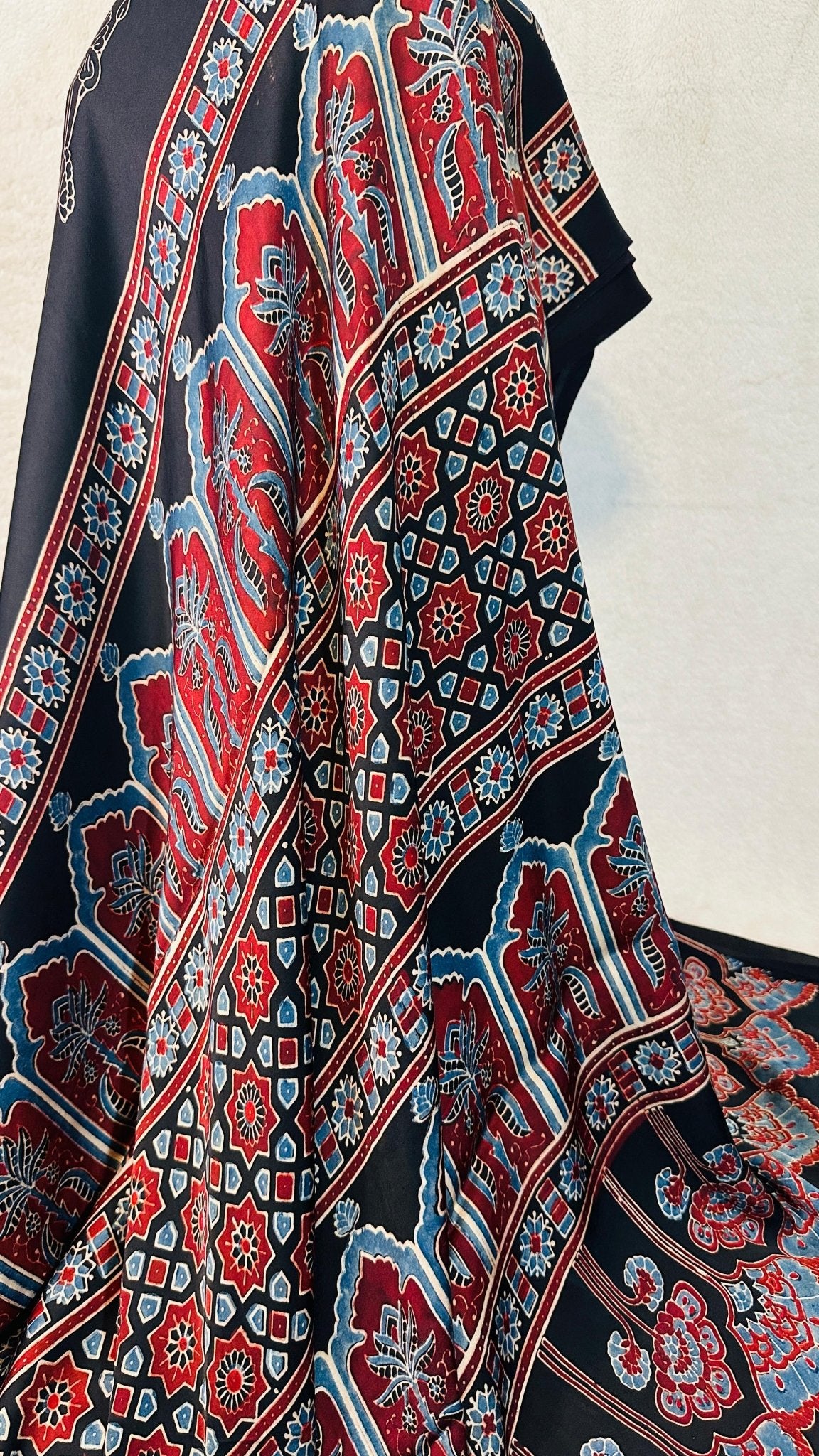 Black*Indigo Rose Ajrakh natural dye Hand block print pure Modal silk saree - My Store