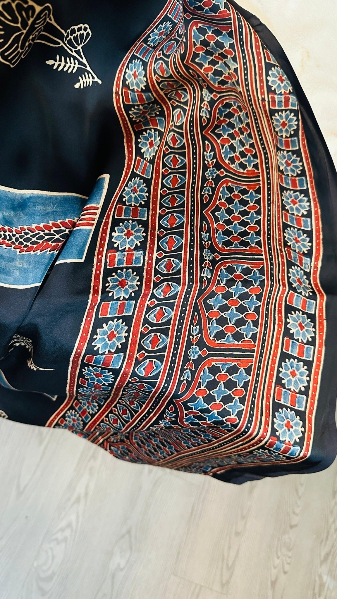 Black*Indigo Rose Ajrakh natural dye Hand block print pure Modal silk saree - My Store