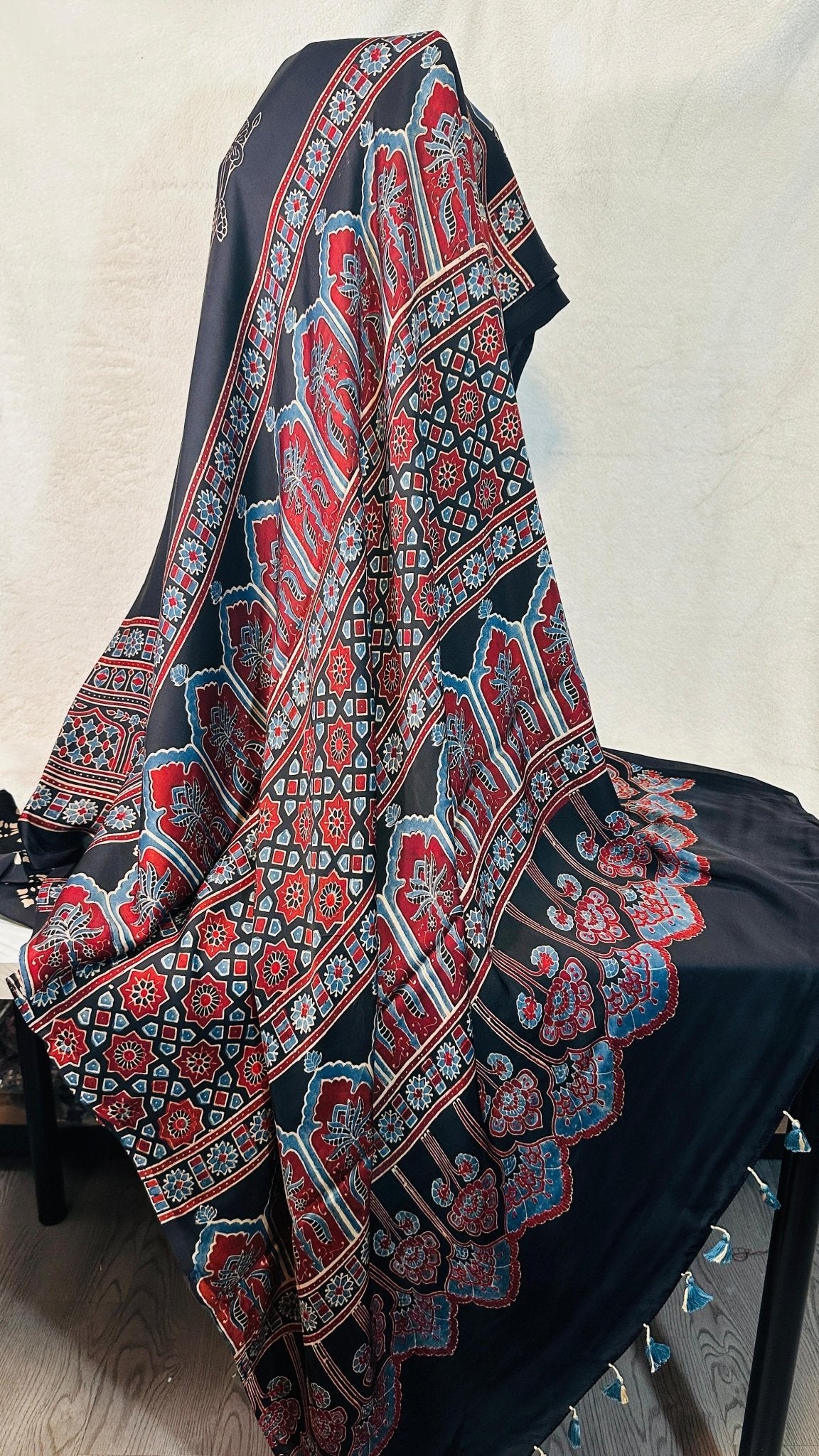 Black*Indigo Rose Ajrakh natural dye Hand block print pure Modal silk saree - My Store