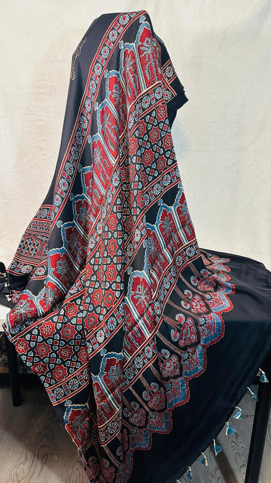 Black*Indigo Rose Ajrakh natural dye Hand block print pure Modal silk saree - My Store